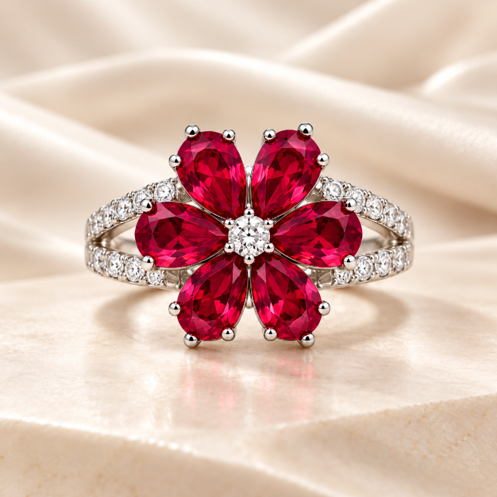 MARLA Fine Jewellery floral ring featuring six brilliant ruby-red pear-shaped gemstones, a sparkling centre stone and a silver-tone pavé band.
