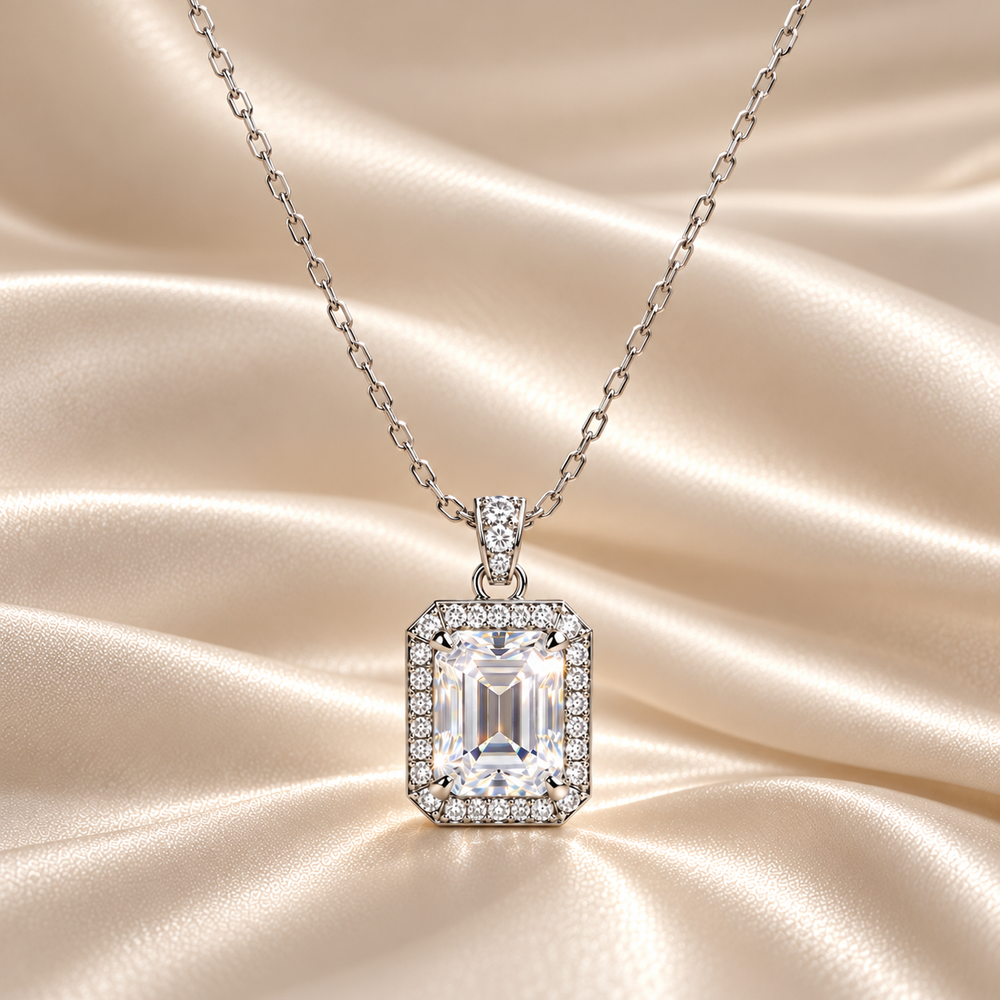 Liora Necklace 2ct moissanite pendant on champagne satin – MARLA Fine Jewellery