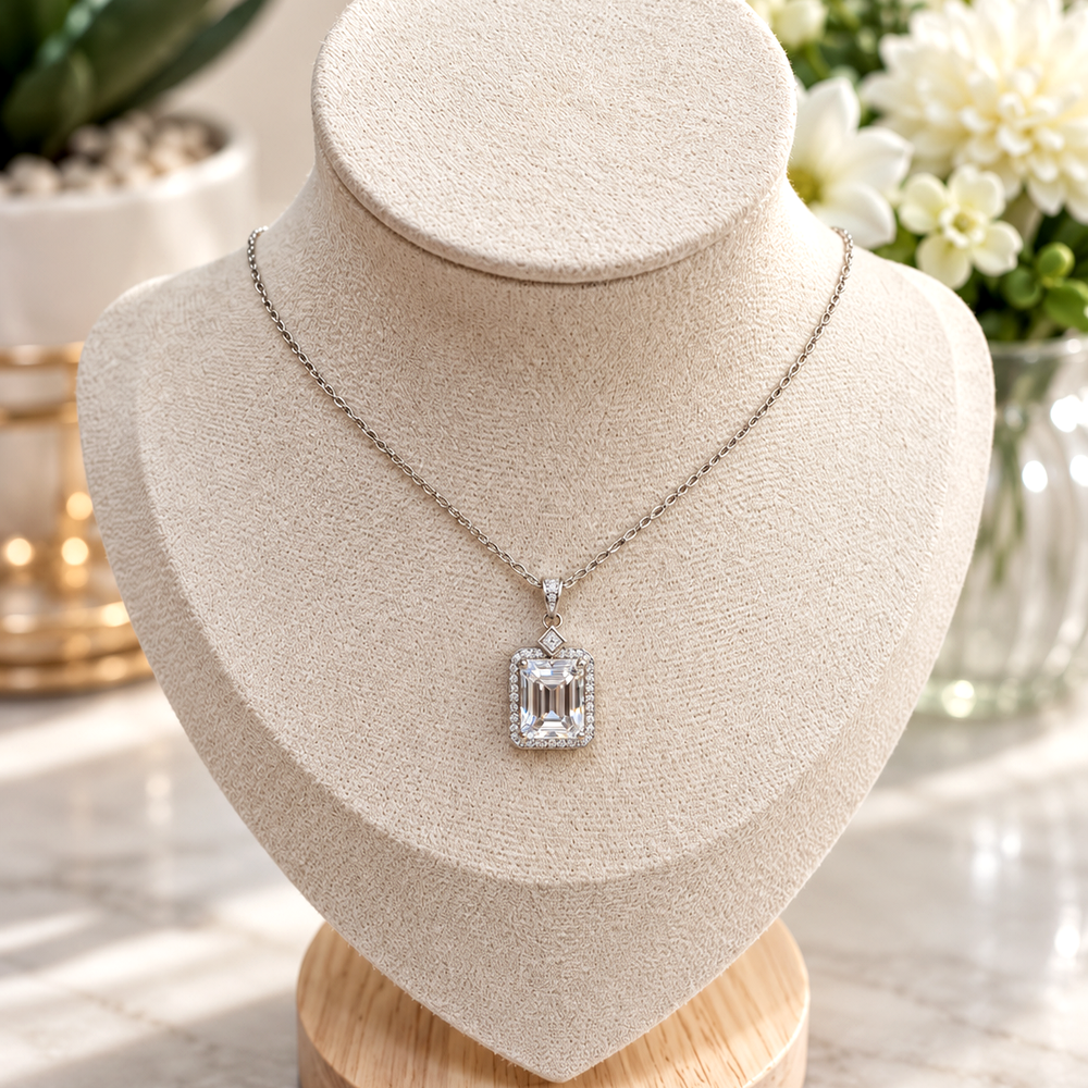 Liora Necklace 2ct moissanite pendant on jewellery display – MARLA Fine Jewellery