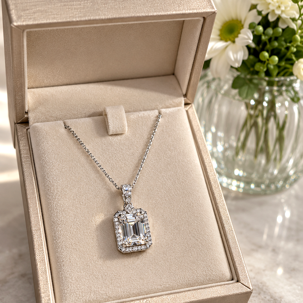 Liora Necklace 2ct moissanite pendant displayed in jewellery box – MARLA Fine Jewellery