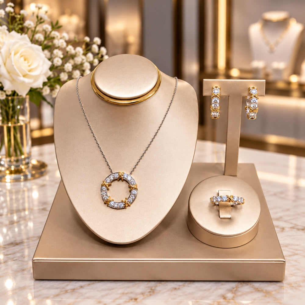 MARLA Celia Jewellery Set featuring a sparkling moissanite necklace, matching hoop earrings and ring with elegant gold accents, displayed on luxurious champagne stands.