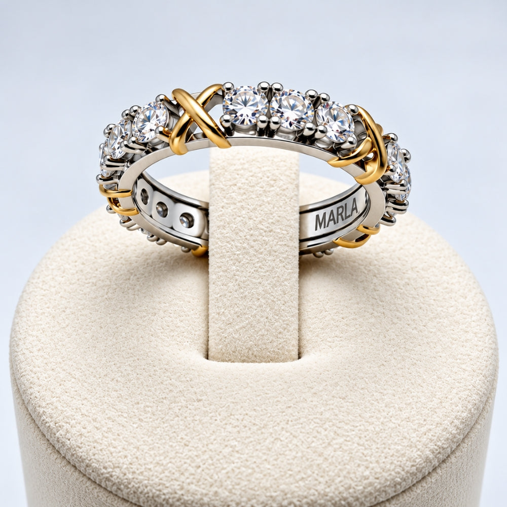 MARLA Celia Ring with 1.5ct moissanite stones, sparkling round cuts and elegant two-tone crisscross detailing.