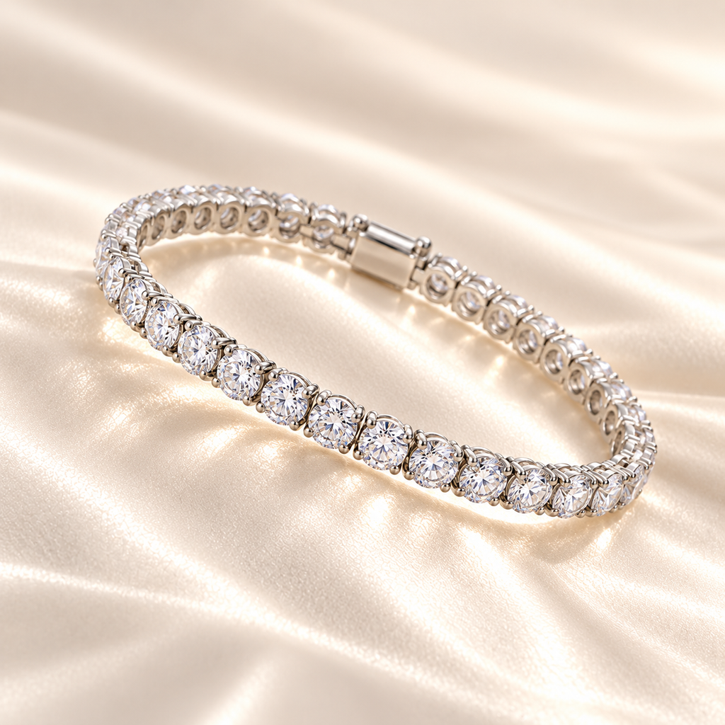 Marla Jewellery moissanite tennis bracelet featuring sparkling round-cut stones in a polished silver setting, elegantly displayed on luxurious champagne satin fabric.