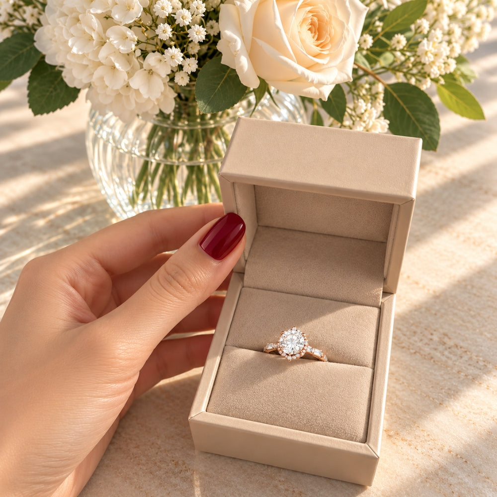 Marla Rose Light Ring featuring a brilliant round moissanite stone, displayed in an open beige jewellery gift box beside elegant white roses and flowers.
