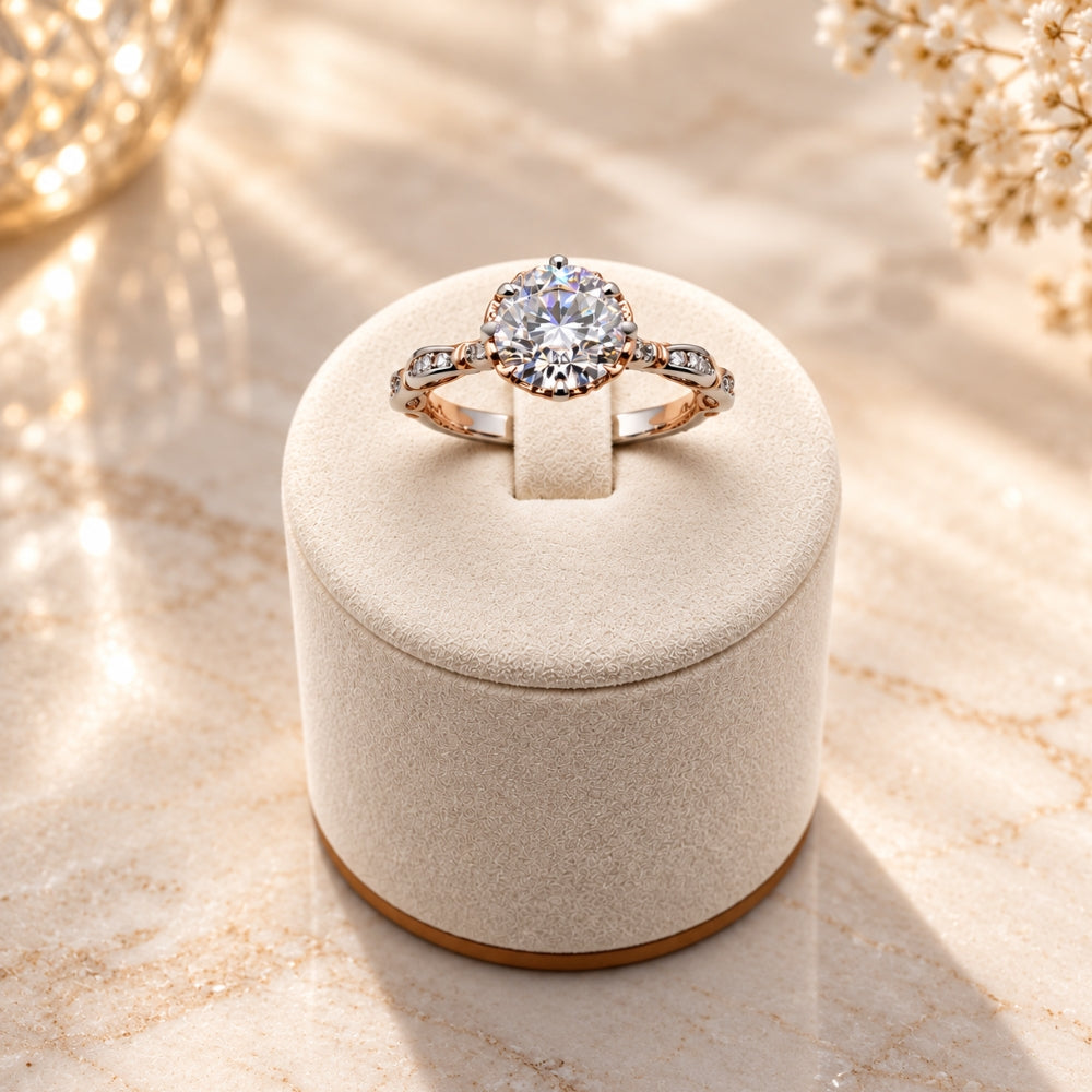 Marla Rose Light Ring with 1ct round-cut moissanite center stone and delicate two-tone band, displayed on a cream jewellery stand with a warm floral background.