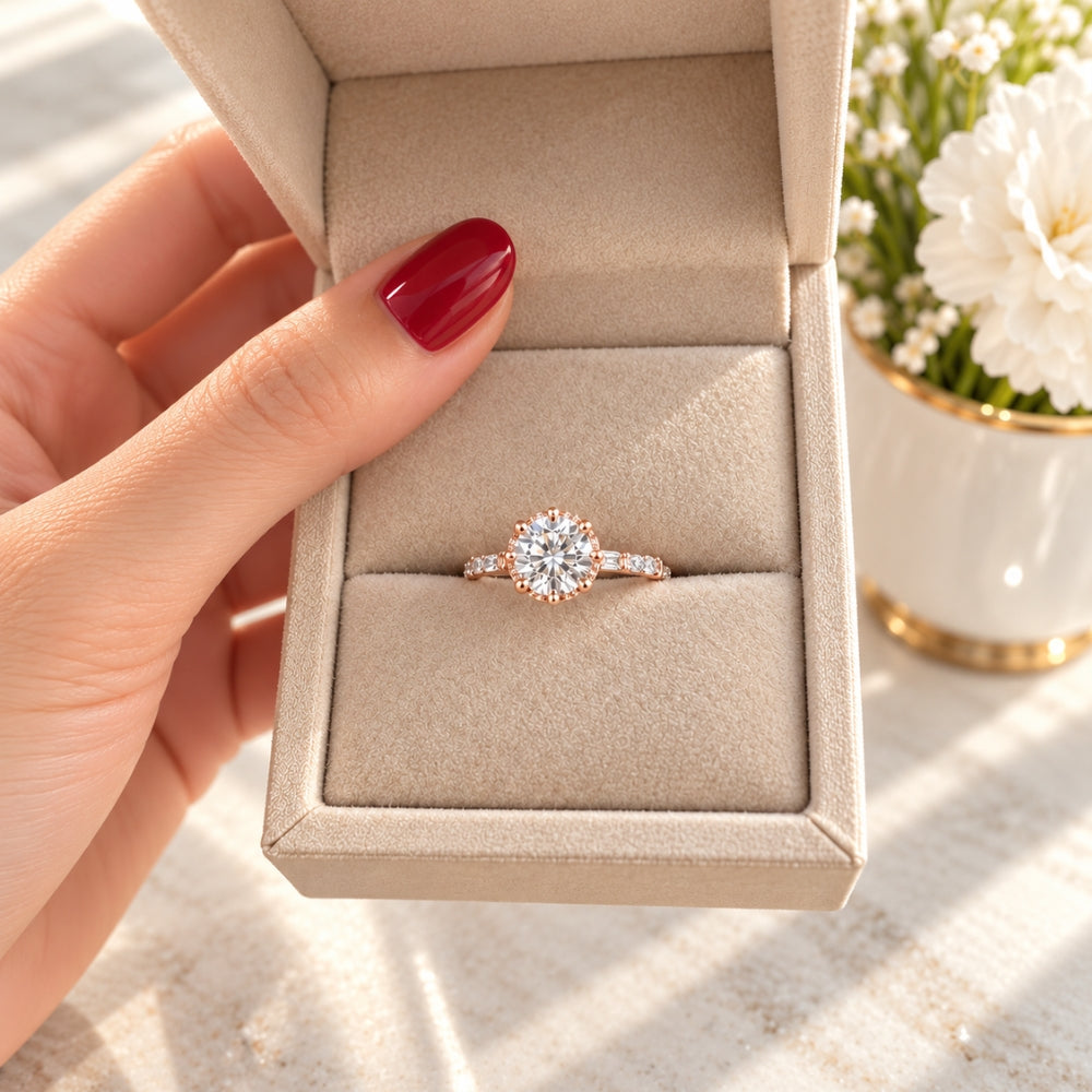 Marla Rose Light Ring with sparkling round-cut moissanite stone, presented in a luxurious beige velvet jewellery box with soft natural lighting.