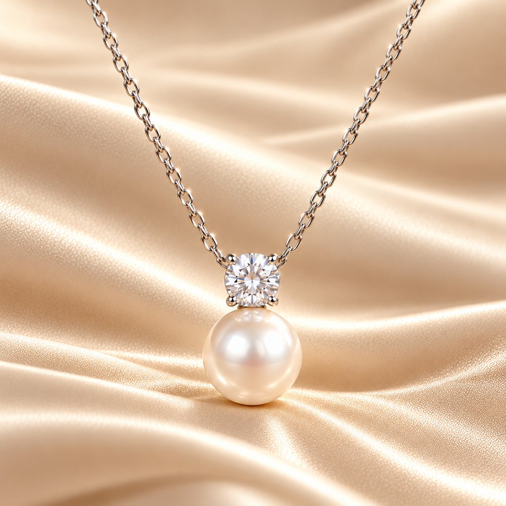 MARLA Pearl & Moissanite Pendant Necklace with round 0.5ct moissanite and white pearl drop on champagne-ivory satin