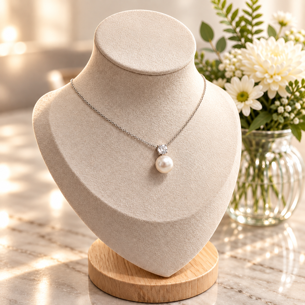 MARLA Pearl & Moissanite Pendant Necklace displayed on an ivory jewellery stand